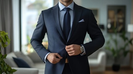 A businessman in a suit and tie is standing in front of a couch