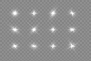 Poster - Flash, realistic highlights, glowing effects, camera light, sunlight reflection, stars, isolated highlights, sparkling highlights. Isolated on transparent background, png. Celestial, space elements
