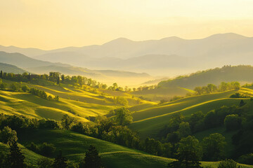  Golden hour enfolds a hilly landscape, with trees gently scattered around and the misty air creating a dreamy, almost ethereal quality to this breathtaking vista.