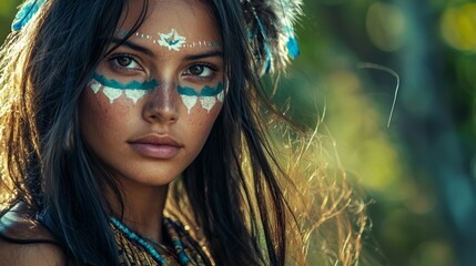 Wall Mural - photo realistic of a beautiful woman, with subtle face paint indicating she is from a spiritual tribe.