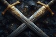 © furyon - gleaming iron swords with ornate golden hilts crossed dramatically rich metallic textures and dynamic lighting highlight medieval craftsmanship