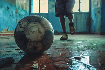 Canvas Print - A Playing soccer indoors with old leather ball