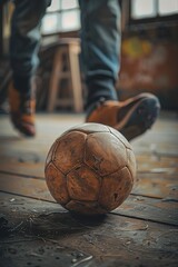 Sticker - A Playing soccer indoors with old leather ball