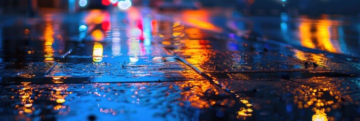 Poster - Nighttime street view featuring reflections of city lights on moist asphalt in shades of blue.