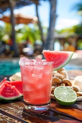 Poster - A Refreshing watermelon cocktail in a tropical outdoor