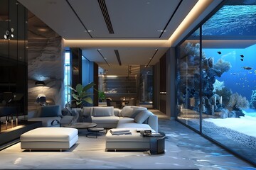 Wall Mural - Modern living room with underwater view.