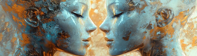 Abstract art featuring two ethereal faces merging in a harmonious blend of colors, conveying emotion and connectivity.