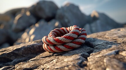 A photo of a climbing rope coiled on a rock surf