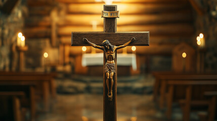 Wooden crucifix in a small chapel