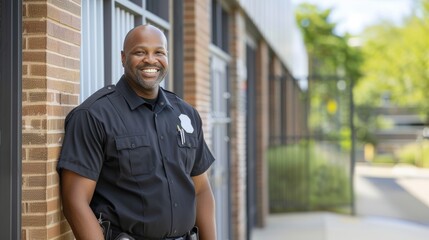 friendly school security guard engaging with students on elementary school campus for safety and sup
