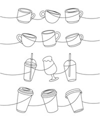 Wall Mural - Coffee set one line continuous drawing. Takeaway coffee cups, plastic cups continuous one line illustration.