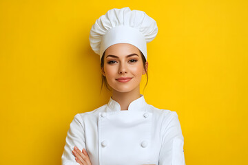 Wall Mural - Portrait of woman chef in white outfit with crossed arms looking at camera on yellow background
