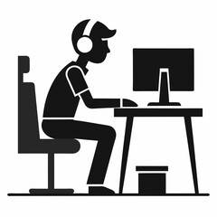 Wall Mural - man sitting at a desk with headphones on his head vector illustration