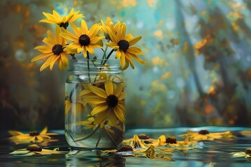 Canvas Print - Yellow Flowers in Glass Jar with Water Reflection.