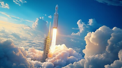 Rocket launch into a bright blue sky with clouds at a launch facility during daylight