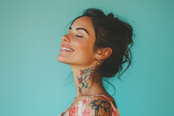 Wall Mural - A close up of a woman's face with tattoos and her eyes closed