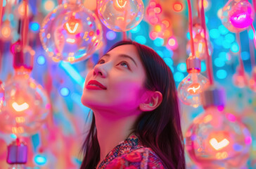 Poster - an Asian woman standing in front of colorful, swirling lights and floating balls