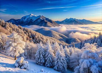 Deogyu Mountain's majestic winter wonderland scene featuring snow-capped peaks, frosty forests, and serene landscape under a clear blue sky with gentle mist.