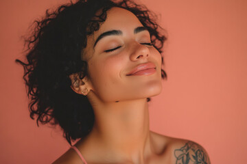 Wall Mural - A close up of a woman's face with tattoos and her eyes closed