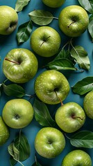 Wall Mural - Background of many fresh organic green apples, apples background, top view. Vegetarian food concept