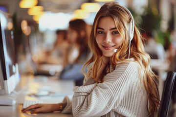 Poster - Beautiful girl in a big white call center, sits at a table in front of a work computer, wears headphones and talks to a client