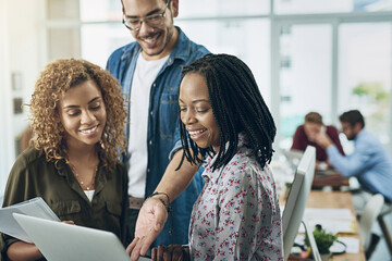 Poster - Employees, speaking and laptop for marketing in office, manager helping and internship advice. Staff, public relations agency and review discussion on press release, teamwork and publicity coverage