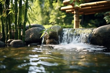 Canvas Print - Tranquil bamboo garden with flowing water and natural surroundings.