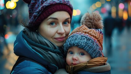 An adult woman wearing winter , holding her baby in the street, both looking at the camera