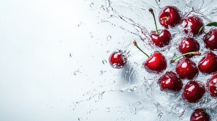 Wall Mural - Top view of cherries splashing in water, with space on the left for text or branding