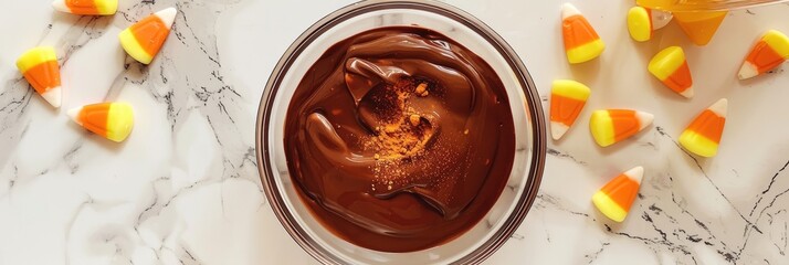 Candy corn fudge preparation with orange and yellow food coloring blended into melted chocolate, shot from above.