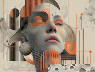 Wall Mural - Abstract Geometric Portrait with Orange and Grey Tones.