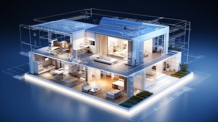 Poster - vision of architecture of a 3d model house project with blueprint