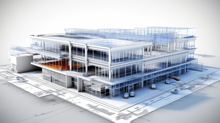 Poster - vision of architecture of a 3d model house project with blueprint