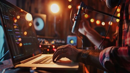 A man host streaming his audio podcast using microphone and laptop at his small broadcast studio, close-up