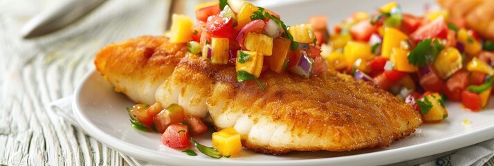 Poster - Crispy Breaded Cod Fillet Accompanied by Fresh Fruit Salsa on a Light Surface