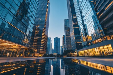 The skyline shows tall buildings shimmering in the fading light, creating a vibrant atmosphere as dusk settles over the urban landscape