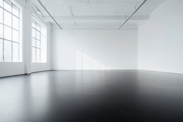 Poster - A pristine white studio features a smooth black floor, awaiting creative projects in a bright, expansive environment with large windows