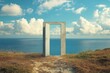 © Elmira - An open door stands alone on a grassy hill, showcasing a spectacular view of the vast ocean and fluffy clouds above