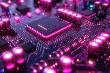 Poster - Close-Up of a Circuit Board with Glowing Processor