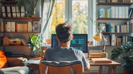 Poster - a person working on a computer on one side and relaxing with a book at home on the other