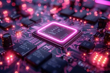 Poster - Close-up of a computer chip with a glowing pink outline
