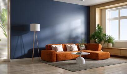 Wall Mural - Modern interior living room design,cozy home have Rusty sofa with blue mockup with wood cabinet and wood floor parquet, 3d render