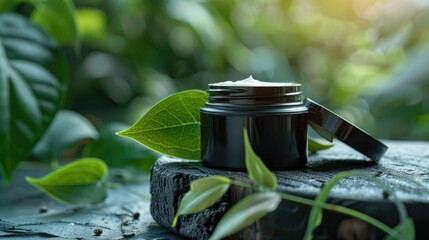 Wall Mural - Natural skincare cream displayed in dark glass jar with green leaves on rustic surface Side angle shot with blurred background Ample room for text