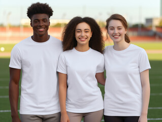 Group of young multiracial friends in white t-shirts standing together outdoors. T shirt mockup