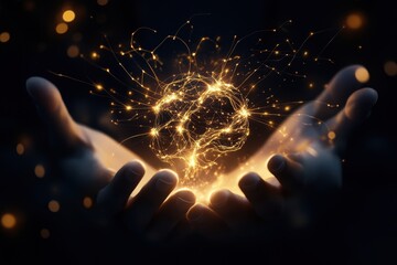 Poster - Hands holding a glowing, abstract brain network, symbolizing artificial intelligence, creativity, and innovation against a dark background.