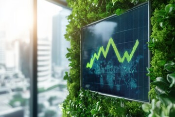 Poster - Green digital stock market chart on screen, surrounded by lush plants, symbolizing sustainability in finance. Bright office background.