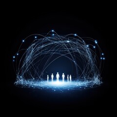 Fototapete - Digital network concept with glowing figures interconnected by data streams on a dark background, representing technology and communication.
