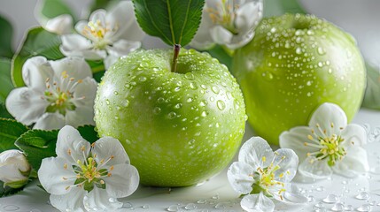 Wall Mural - Fresh green apple with water drops and apples flowers isolated on white background