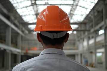 Construction worker in orange hard hat on industrial site