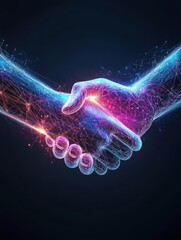 Poster - Digital handshake symbolizing technology partnership and futuristic collaboration with glowing neon light on dark background.